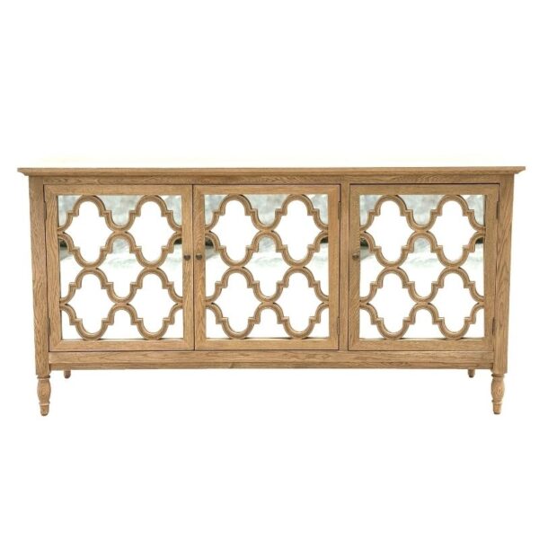 Buffet en bois avec trois portes en miroir, chacune avec un motif décoratif en treillis géométrique.