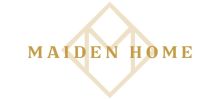 Лого на Maiden Home със златен геометричен фон и златен текст, символизиращо топ марка луксозни мебели за 2025 г.