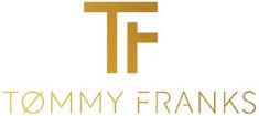 Златен монограм "TF" над "TOMMY FRANKS" (с наклонена O), на бял фон - идеален за брандиране на луксозни мебели.