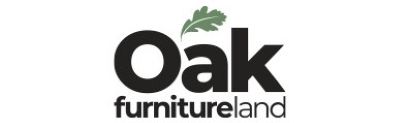 Oak Furnitureland logo: green oak leaf above "Oak," with "furnitureland" in black below; represents quality oak furniture.