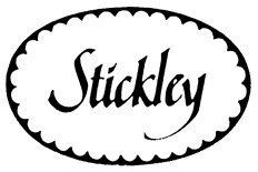 Black and white "Stickley" script logo in a scalloped oval, symbolizing quality oak furniture since 2025.