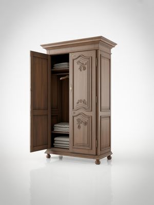 Exquisite wooden wardrobe with open doors showcasing interior storage and neatly folded linens, ideal for classic bedroom decor and elegant storage solutions.