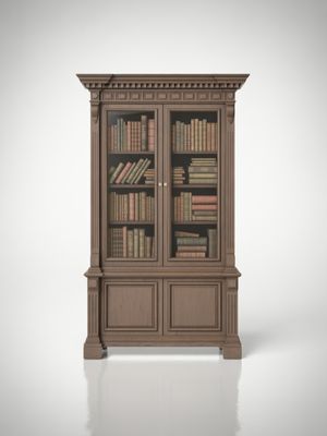 Elegant antique wooden bookcase with glass doors, showcasing a collection of classic books, perfect for traditional living rooms or study rooms.