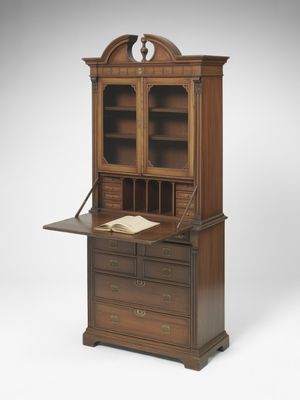 Elegant antique wooden secretary desk with a hutch and glass-paneled cabinets, perfect for classic home office decor and versatile storage solutions for antique furnishings.