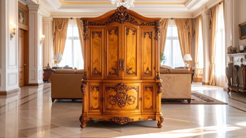 Elegant antique wooden armoire with intricate carvings in a luxurious living room setting.