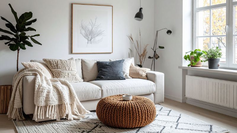 Cozy Scandinavian-inspired living room with neutral tones, plush throw blankets, modern minimalist decor, and abundant natural light for a warm, inviting atmosphere.