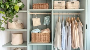 Soft pastel blue closet organizing system with woven baskets, hanging clothes, and decorative storage solutions for eco-friendly bedroom storage.