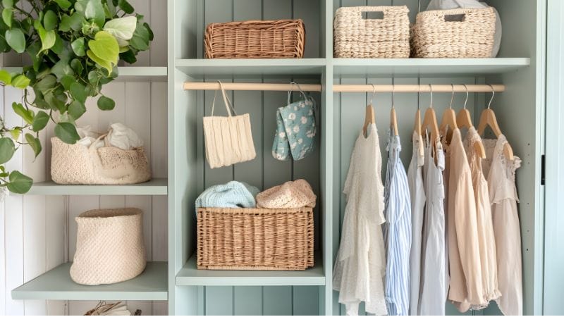 Soft pastel blue closet organizing system with woven baskets, hanging clothes, and decorative storage solutions for eco-friendly bedroom storage.