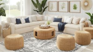 Bright, modern living room with rattan furniture and botanical decor.
