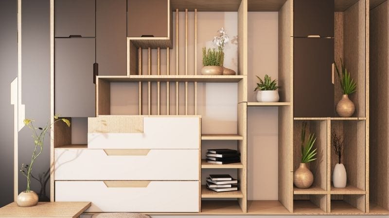 Elegant modern storage unit with wooden accents and open shelves for stylish organization.
