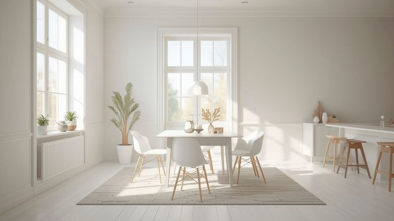 Bright and airy dining space featuring white walls, large windows, and minimalist furniture, ideal for modern interior decor and home comfort.