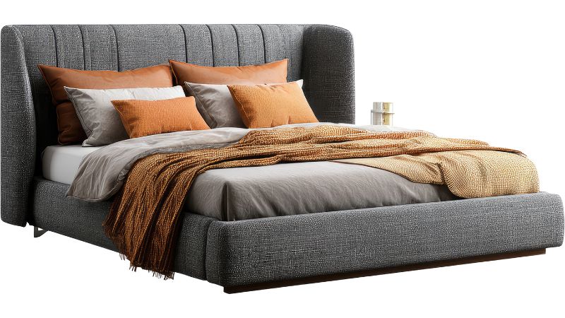 Elegant gray fabric bed with plush pillows and textured bedding, perfect for contemporary bedroom interior design and comfort.