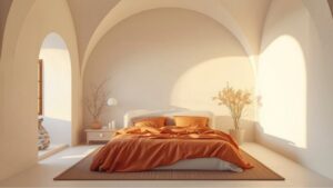 Bright minimalist bedroom with warm tones, natural sunlight, elegant decor, and cozy linens. Perfect for relaxation, combining modern comfort with calming interior design elements.