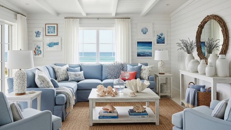 Svetla dnevna soba v slogu Hamptons z belimi stenami, svetlo modrimi kavči in pogledom na ocean.