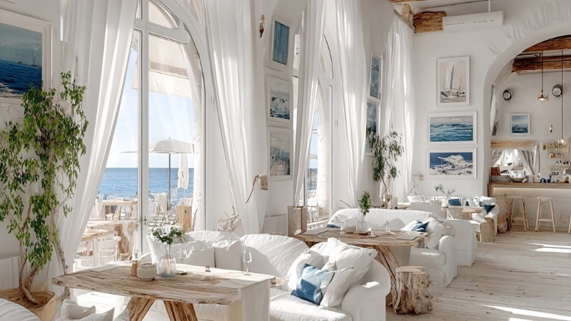 Svetla in zračna dnevna soba v slogu Hamptons z belim pohištvom, velikimi okni in pogledom na ocean, ki ustvarja sproščeno in razkošno obalno vzdušje.