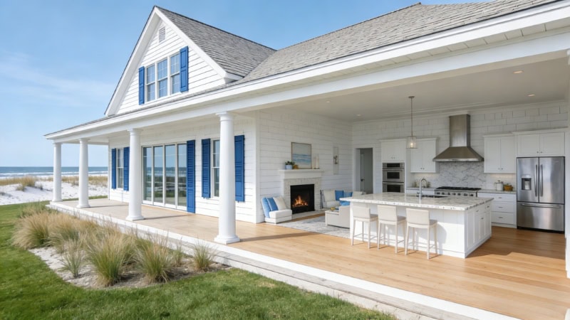 Bright Hamptons-style beach house with white exterior, large windows, and spacious outdoor living area. Perfect for creating casual luxury and relaxing by the ocean.