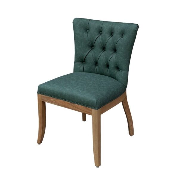 Luxurious dark green dining chair with tufted upholstery, featuring a solid ash wood frame, perfect for French-style dining rooms and upscale interiors.