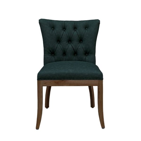 Elegant dark green dining chair with a luxurious French style, featuring a plush upholstered seat and backrest with button tufting, supported by a sturdy ash wood frame and curved legs.