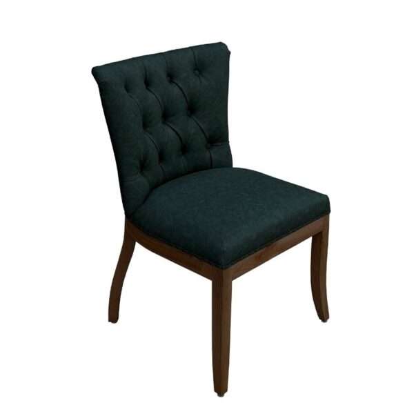 Elegant dark green dining chair with a tufted PU leather seat and backrest, featuring a luxurious ash wood frame and curved legs, perfect for sophisticated dining spaces.