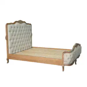 Elegant vintage upholstered bed frame with tufted headboard and footboard, crafted from solid wood, perfect for classic luxury bedroom decor.