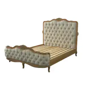 Vintage upholstered bed frame with tufted fabric headboard and footboard, featuring intricate wood carvings and a classic design, perfect for luxury bedroom decor.