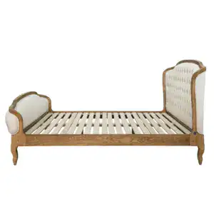 Elegant antique French style bed frame with upholstered headboard and footboard, crafted from solid ash wood, showcasing classic design and high-quality craftsmanship.