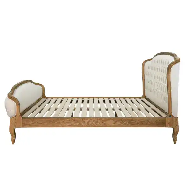 Elegant antique French style bed frame with upholstered headboard and footboard, crafted from solid ash wood, showcasing classic design and high-quality craftsmanship.