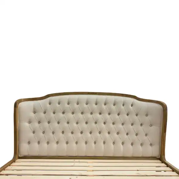 Elegant antique French style bed frame with a solid ash wood structure and a plush, tufted upholstered headboard. Perfect for classic bedroom decor and luxurious comfort.