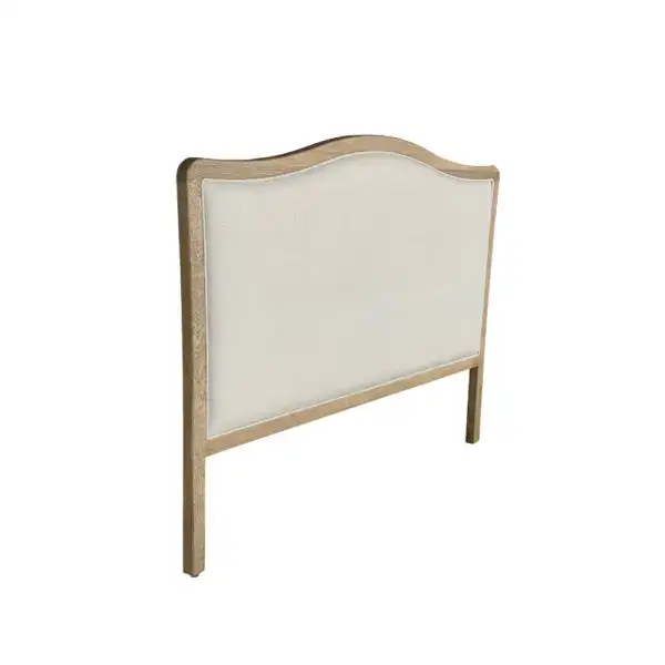 Elegant vintage carved frame upholstered French country headboard, perfect for king-sized beds. Features a classic design with a soft fabric insert and intricate wood detailing, ideal for rustic or tr.