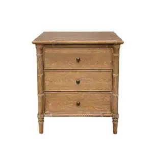 Elegant wooden bedside table featuring three spacious drawers and a sturdy storage cabinet, perfect for bedroom organization and decor.