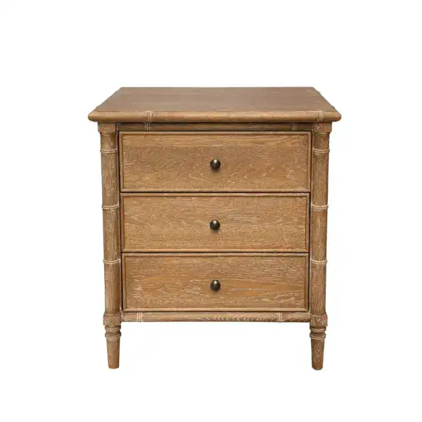 Elegant wooden bedside table featuring three spacious drawers and a sturdy storage cabinet, perfect for bedroom organization and decor.