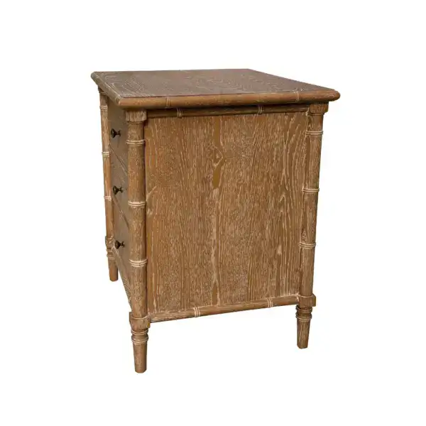 Classic wooden bedside table with three drawers and storage cabinet, ideal for bedroom organization and decor. Crafted from durable wood with a natural finish.