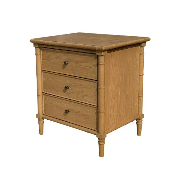 Elegant wooden bedside table with three drawers for bedroom storage.