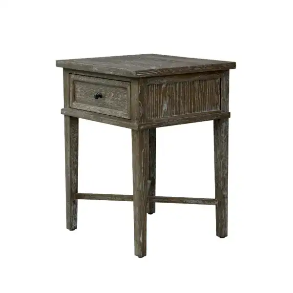 Antique wooden side table with a single drawer, rustic finish, and sturdy legs, perfect for vintage or farmhouse decor. Compact and functional, ideal for small spaces.
