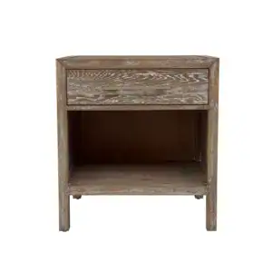 Vintage wooden bedside table with one drawer and open storage space.