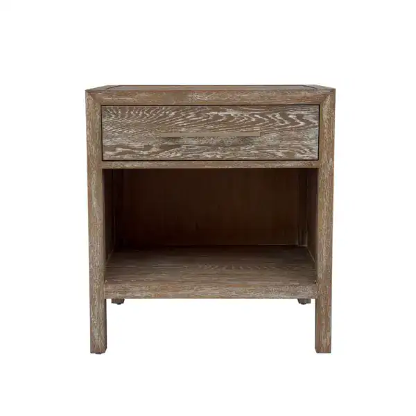 Vintage wooden bedside table with one drawer and open storage space.