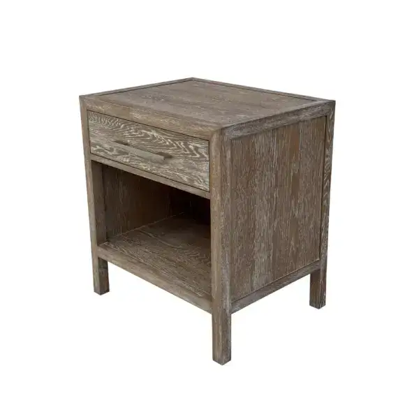 Vintage wooden bedside table with single drawer and open shelf, perfect for bedroom storage. Rustic design, ideal for small spaces, combining functionality and classic charm.