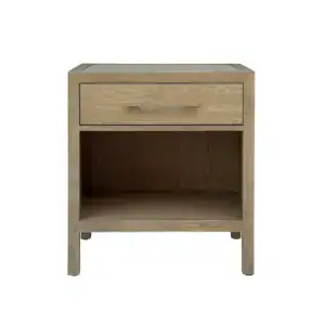 Vintage wooden bedside table with one drawer and open storage space.