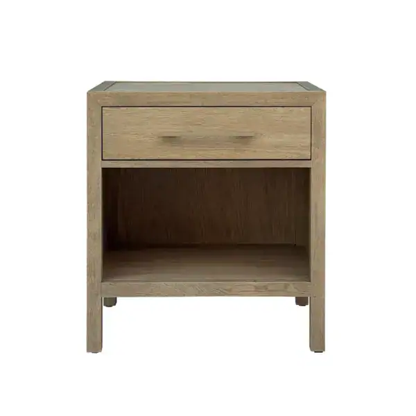 Vintage wooden bedside table with one drawer and open storage space.