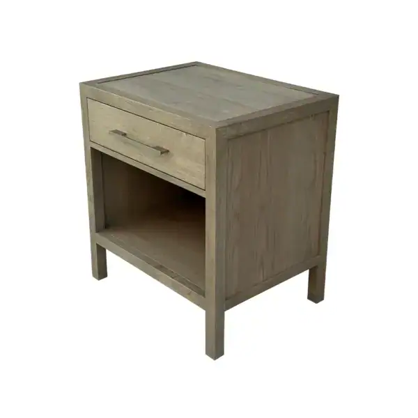 Vintage wooden bedside table with single drawer and open shelf, ideal for bedroom storage. Crafted from natural wood with a rustic finish, perfect for small spaces and vintage decor.