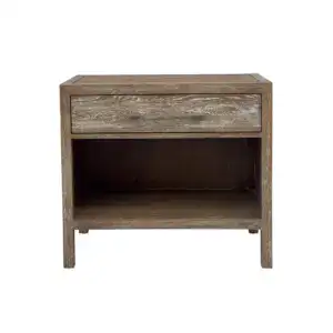 Antique solid oak nightstand with a rustic finish, featuring a drawer and open shelf, perfect for bedroom decor. Crafted from durable wood, blending vintage charm with modern functionality.