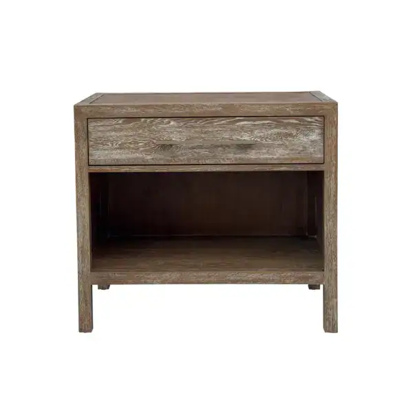 Antique solid oak nightstand with a rustic finish, featuring a drawer and open shelf, perfect for bedroom decor. Crafted from durable wood, blending vintage charm with modern functionality.