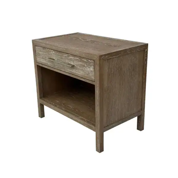 Antique solid oak nightstand with a rustic finish, featuring a drawer and open shelf, perfect for bedroom decor. Crafted from durable wood, blending vintage charm with functional design.