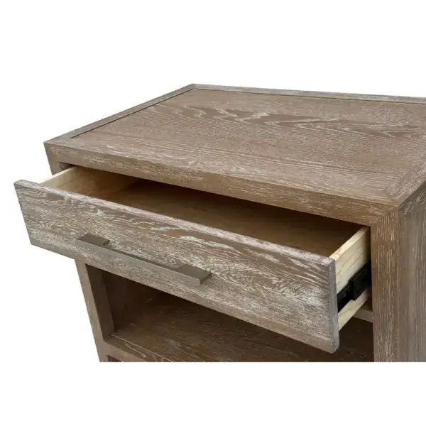 Antique solid oak nightstand with a single drawer, showcasing rustic French design and craftsmanship. Perfect for vintage bedroom decor, offering functional storage and timeless style.