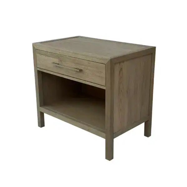 Elegant solid oak bedside table with drawer and open shelf.