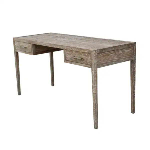 Vintage style rustic writing desk made of solid oak wood, perfect for a home office or study space. Features a spacious surface and two drawers for storage, blending classic charm with functional desi.