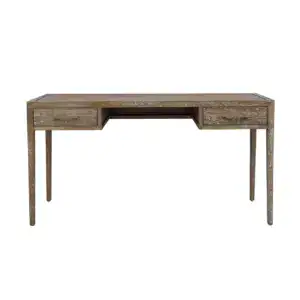 Vintage style rustic writing desk made of solid oak wood, featuring a spacious surface and two drawers for storage, perfect for a home office or study area.