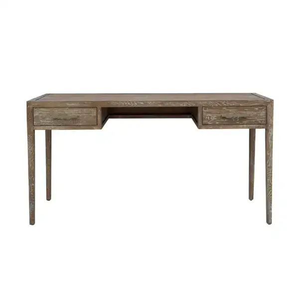 Vintage style rustic writing desk made of solid oak wood, featuring a spacious surface and two drawers for storage, perfect for a home office or study area.