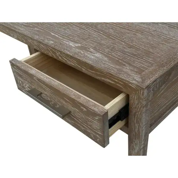 Vintage rustic oak wood writing desk featuring a spacious drawer, ideal for home office or study spaces, showcasing distressed finish and sturdy construction.