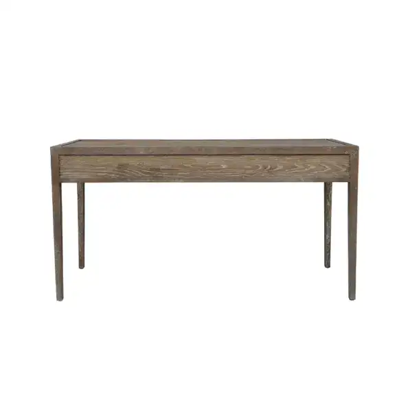 Vintage rustic oak wood writing desk, ideal for a home office setup, featuring a solid oak construction with a natural finish, simple design, and sturdy legs.